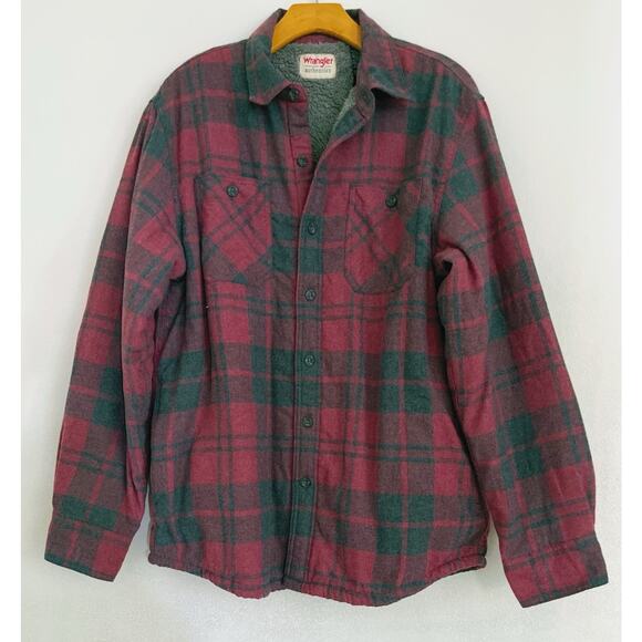 Wrangler Sherpa Lined Flannel Shacket Men M Red Plaid Hipster Western Country - Picture 1 of 10